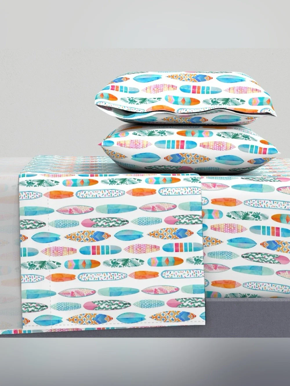 Spoonflower Queen Bed Sheet Set in Surfboards Medium Scale Watercolor Print